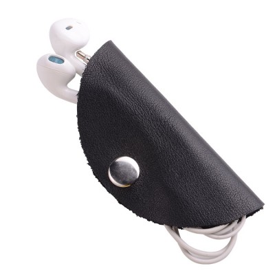 Eco-friendly black leather earphone organizer case