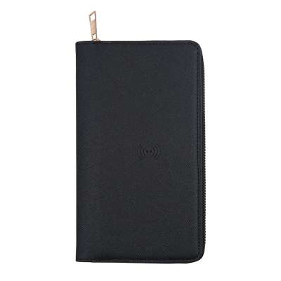 Concise design PU leather wireless charging power bank purse with zipper